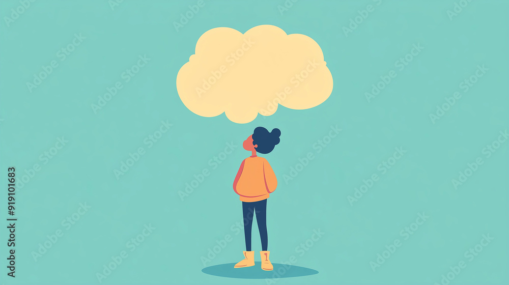 cartoonish person standing with an empty thinking bubble above their head, use happy colors. cartoonish person standing with an empty thinking bubble above their head, use happy colors.