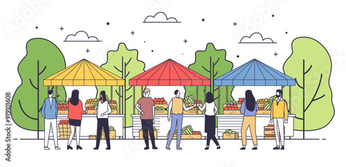 Farmers market stalls organic produce eco-friendly. People shopping at outdoor market with colorful tents selling fruits and vegetables trees in background. Minimalistic line art