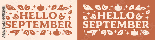 Hello September banner header card orange terracotta warm color natural leaves pumpkins illustration fall season cottagecore boho witchy aesthetic shirt design printable sticker cut file.