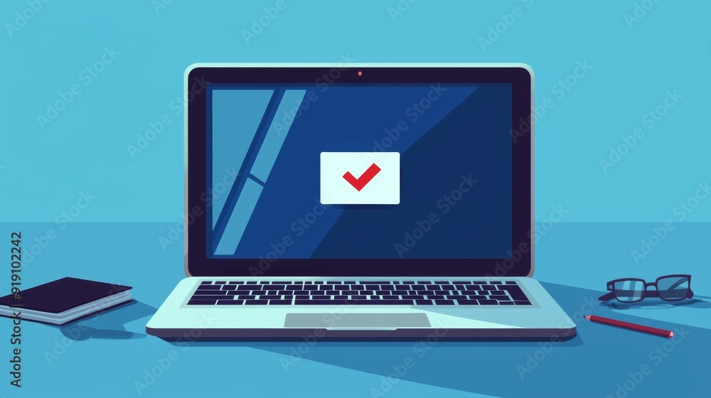 Laptop with Checkmark Icon on Screen in Minimalist Workspace.