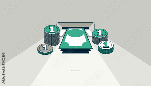 Withdrawal concept poster, money stack from ATM vector icon style illustration, withdraw cash money from bank account, receive payment.