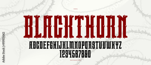 Thorn gothic rock display font for emblems and logos, dangerous blackthorn typeface for headlines and titles, bold serif typography alphabet letters with prickles.