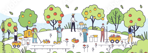 Eco farming concept sustainable agriculture orchard harvesting fruits people working garden trees nature line art