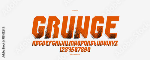 Halftone dotted geometric brutal and bold typeface for logos and posters, vector urban industrial font, modern display typography in cyberpunk futuristic style, italic version.