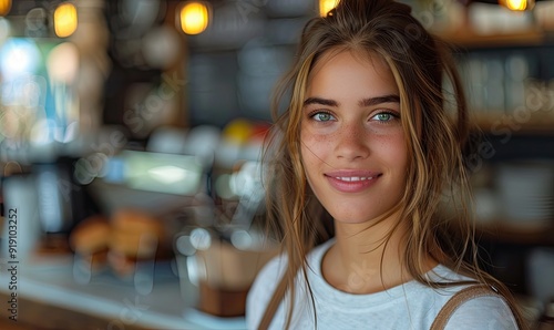 portrait of an attractive young woman showing a big credit card in front of a restaurant background.