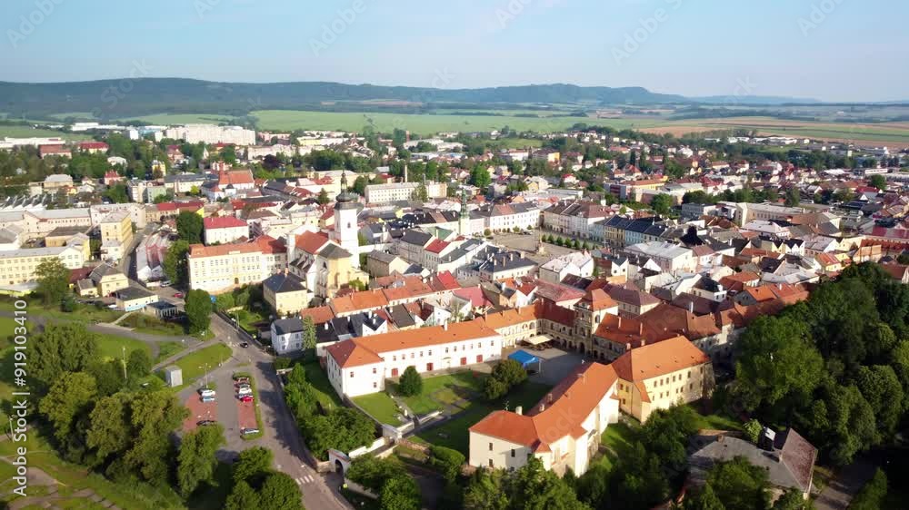 Monumental Baroque Of The Church of the Assumption of the Virgin Mary In Novy Jicin, Czech Republic. Aerial Shot Monumental Baroque Of The Church of the Assumption of the Virgin Mary In Novy Jicin, Czech Republic. Aerial Shot