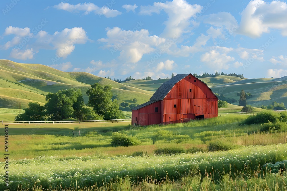 Obraz premium Serene Countryside Landscape with a Classic Red Barn and Rolling Green Hills