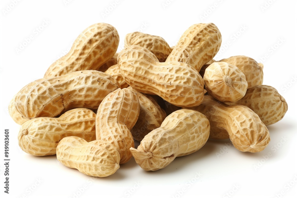Pile of dried peanuts in their shells resting on white Pile of dried peanuts in their shells resting on white