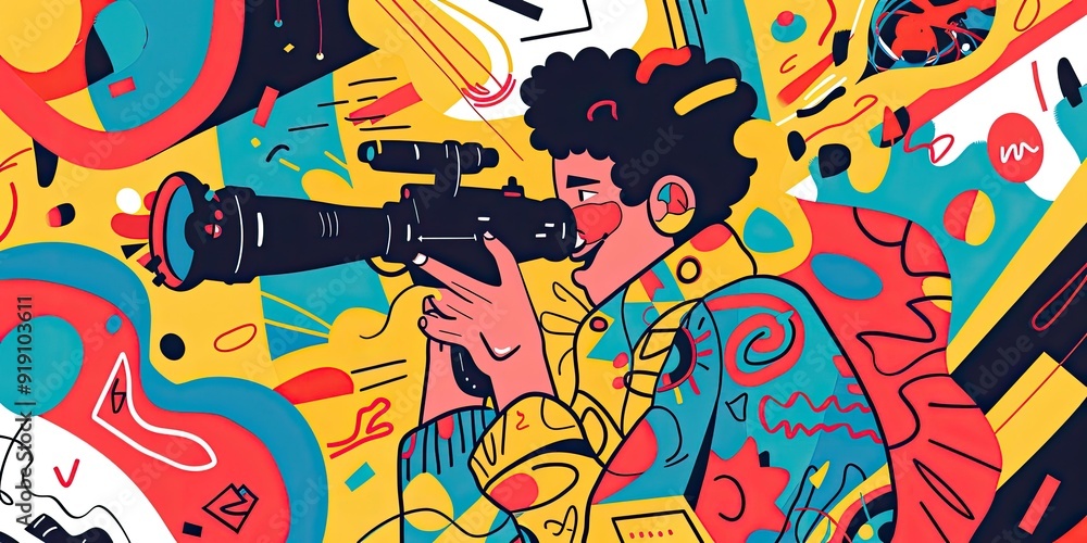 Abstract art, man holding camera, colorful background. Abstract art, man holding camera, colorful background.