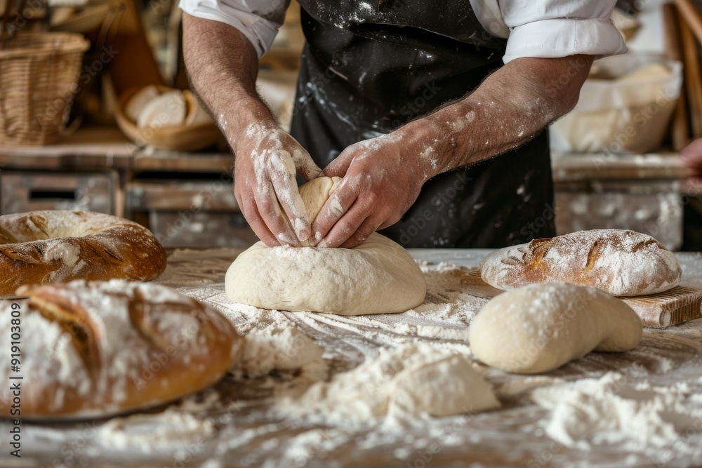 baker at work. The baker shapes the bread. Hands on the close-up form bread. Beautiful simple AI generated image in 4K, unique. baker at work. The baker shapes the bread. Hands on the close-up form bread. Beautiful simple AI generated image in 4K, unique.