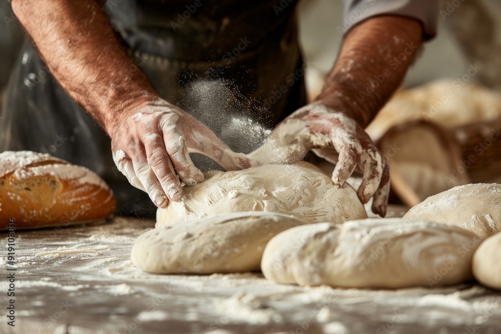 baker at work. The baker shapes the bread. Hands on the close-up form ...