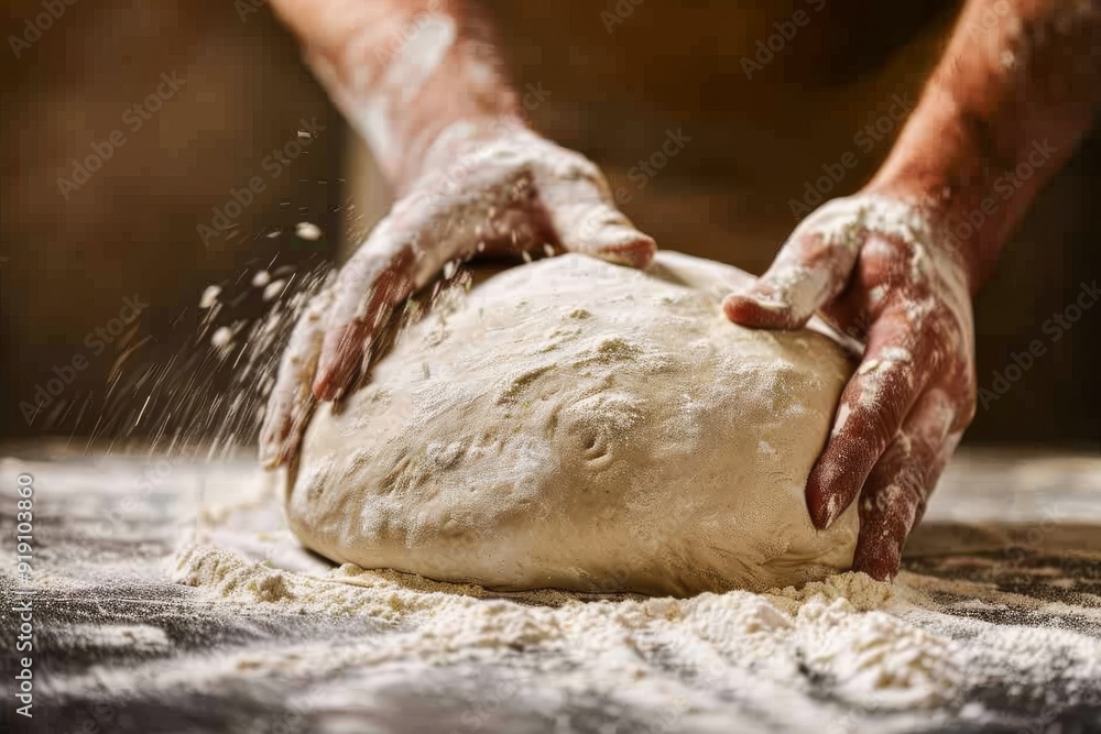 Close-up of the hands of a Caucasian female chef pouring flour on a kitchen countertop, mixing dough on a shiny table. Beautiful simple AI generated image in 4K, unique. Close-up of the hands of a Caucasian female chef pouring flour on a kitchen countertop, mixing dough on a shiny table. Beautiful simple AI generated image in 4K, unique.
