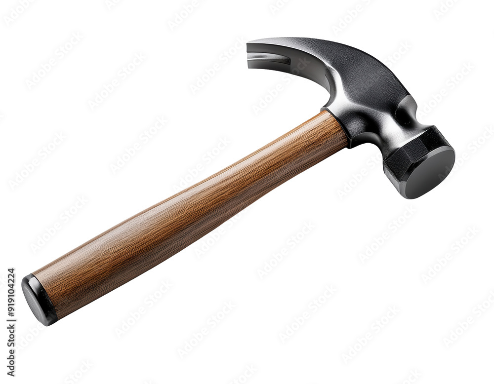 A detailed close-up of a sleek hammer with a wooden handle, ideal for construction and DIY projects. A detailed close-up of a sleek hammer with a wooden handle, ideal for construction and DIY projects.