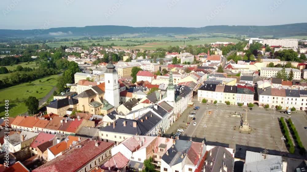 Old Town Square Of Novy Jicin Historic City In The Czech Republic. Aerial Drone Shot Old Town Square Of Novy Jicin Historic City In The Czech Republic. Aerial Drone Shot