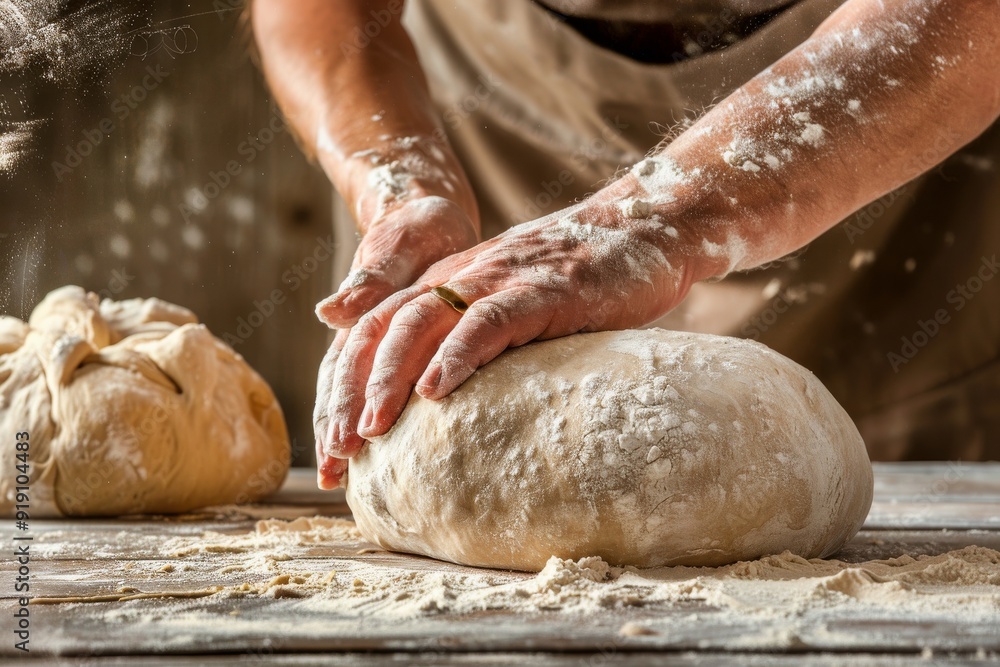 baker at work. The baker shapes the bread. Hands on the close-up form bread. Beautiful simple AI generated image in 4K, unique. baker at work. The baker shapes the bread. Hands on the close-up form bread. Beautiful simple AI generated image in 4K, unique.