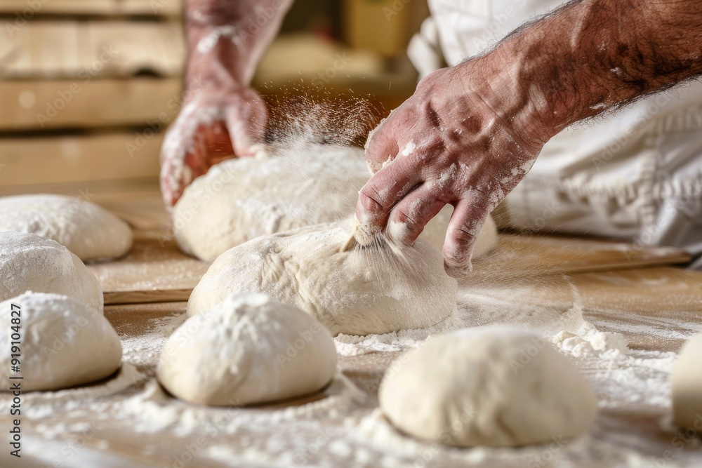 baker at work. The baker shapes the bread. Hands on the close-up form bread. Beautiful simple AI generated image in 4K, unique. baker at work. The baker shapes the bread. Hands on the close-up form bread. Beautiful simple AI generated image in 4K, unique.