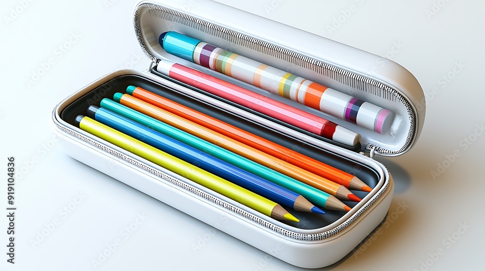 Fototapeta premium A 3D pencil case open on a white background, revealing neatly arranged pens, pencils, and a ruler inside. The case and items have a lifelike appearance with fine details.