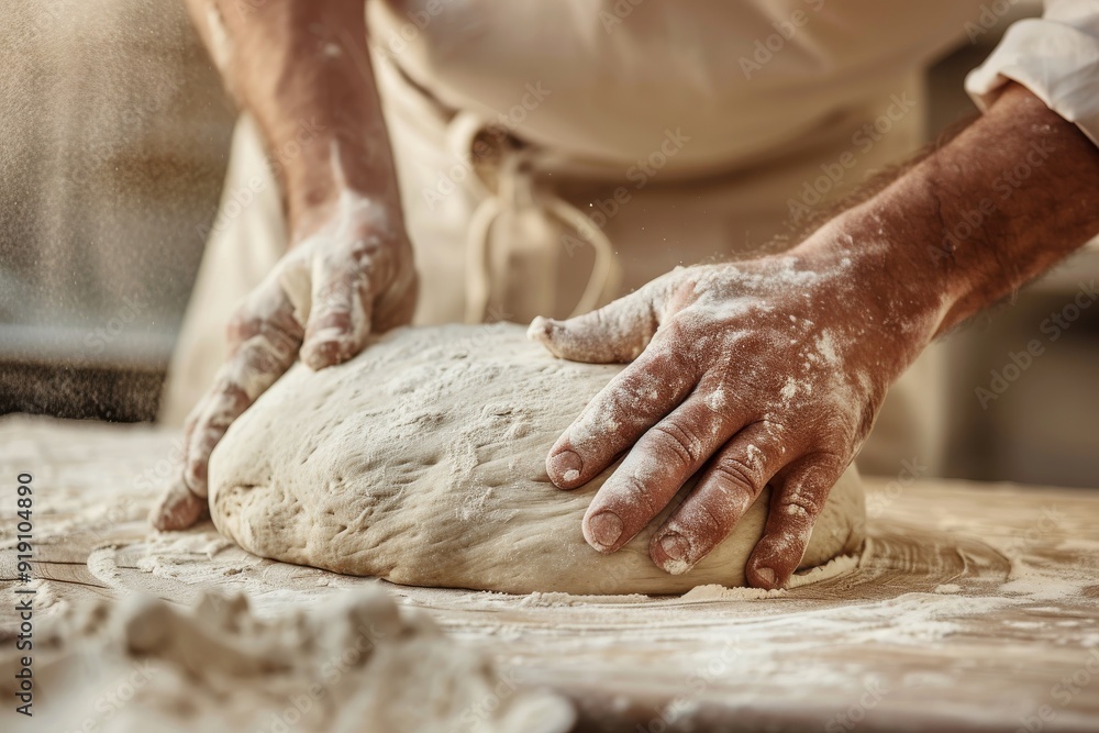 Close-up of the hands of a Caucasian female chef pouring flour on a kitchen countertop, mixing dough on a shiny table. Beautiful simple AI generated image in 4K, unique. Close-up of the hands of a Caucasian female chef pouring flour on a kitchen countertop, mixing dough on a shiny table. Beautiful simple AI generated image in 4K, unique.