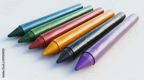 A set of 3D crayons in various colors, some lying flat and others standing upright, on a white background. The crayons are realistically rendered with waxy textures and sharp tips.