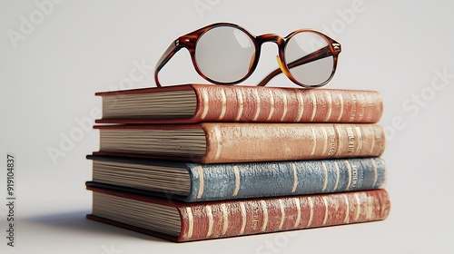 A 3D render of a stack of textbooks with a pair of glasses resting on top, set on a white background. The books have realistic covers and slight wear, adding authenticity.