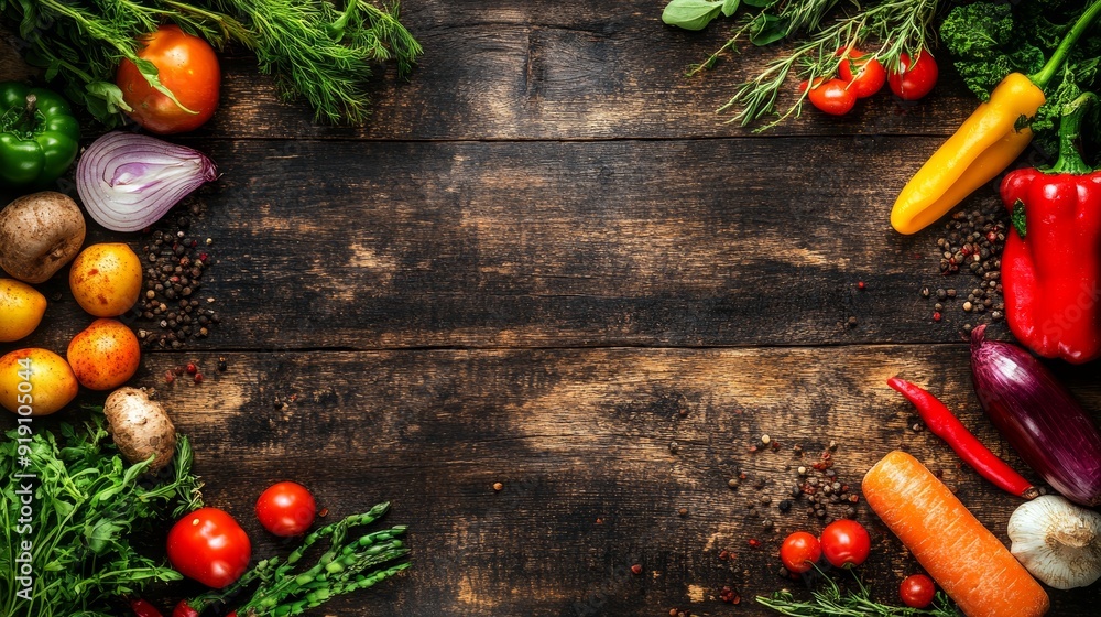 A vibrant arrangement of fresh vegetables on a wooden surface, ideal for cooking or healthy eating inspiration.