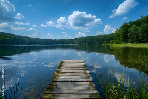 Serene Lakeside View with a Wooden Dock Under a Blue Sky