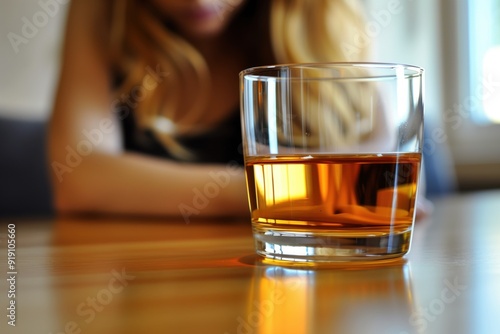 Young woman having an alcohol problem drinking whiskey alone