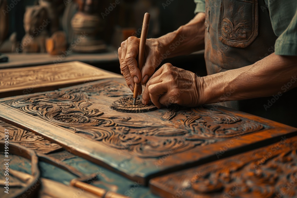 Craftsman is using a chisel to engrave an ornate design on a piece of wood in his workshop Craftsman is using a chisel to engrave an ornate design on a piece of wood in his workshop