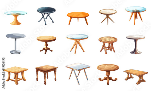 Table set. Wooden glass metal table for picnic garden park terrace house. Furniture for dining room or outdoor. Antique and modern. Round and square. Cartoon style isolated vector clipart collection