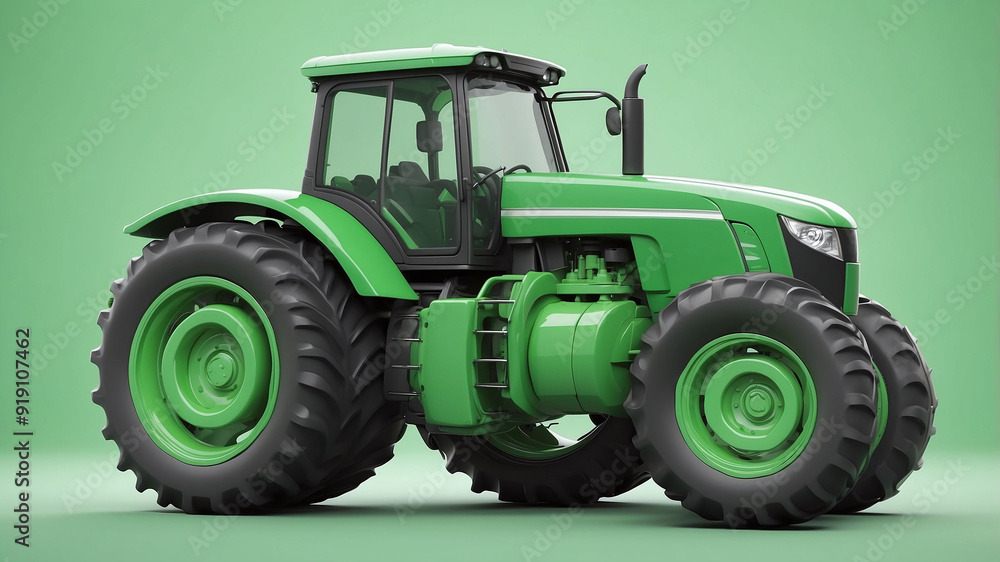 Green modern tractor on a plain green background showcasing agricultural machinery Green modern tractor on a plain green background showcasing agricultural machinery
