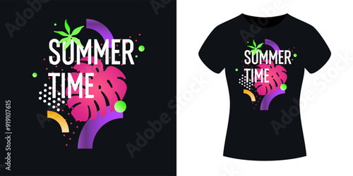 An illustration for clothes. Print on the T-shirt. Modern fashion illustration. A vector graphic image. A template for placing an illustration on clothes. The inscription is summer time.