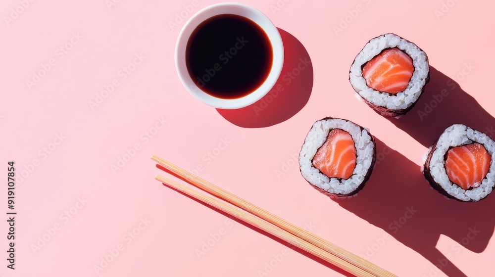 Japanese sushi rolls with soy sauce and chopsticks on a pastel pink background, featuring bold shadows. Japanese sushi rolls with soy sauce and chopsticks on a pastel pink background, featuring bold shadows.