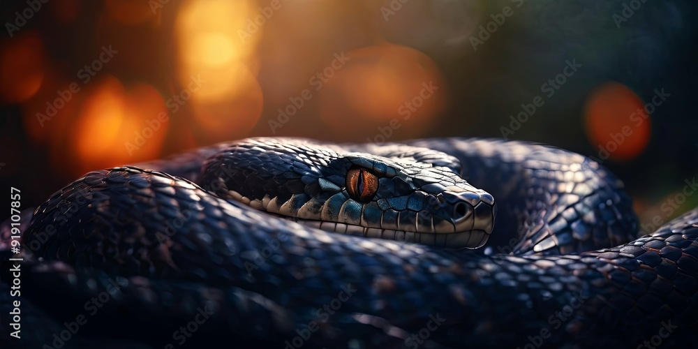 A black snake with yellow eyes is curled up on the ground A black snake with yellow eyes is curled up on the ground