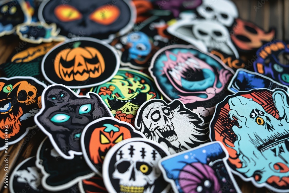Collection of colorful halloween stickers featuring spooky and funny characters lying on a wooden desk Collection of colorful halloween stickers featuring spooky and funny characters lying on a wooden desk