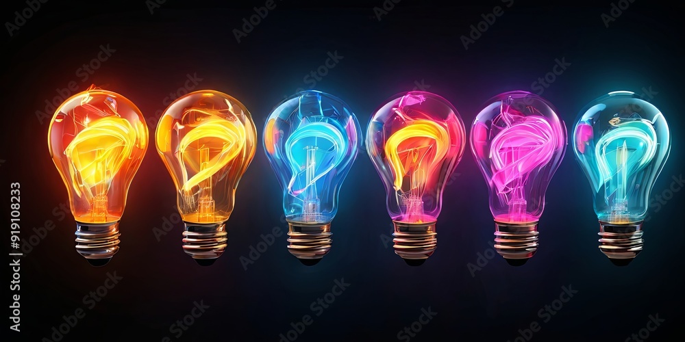 A row of colorful light bulbs with a black background