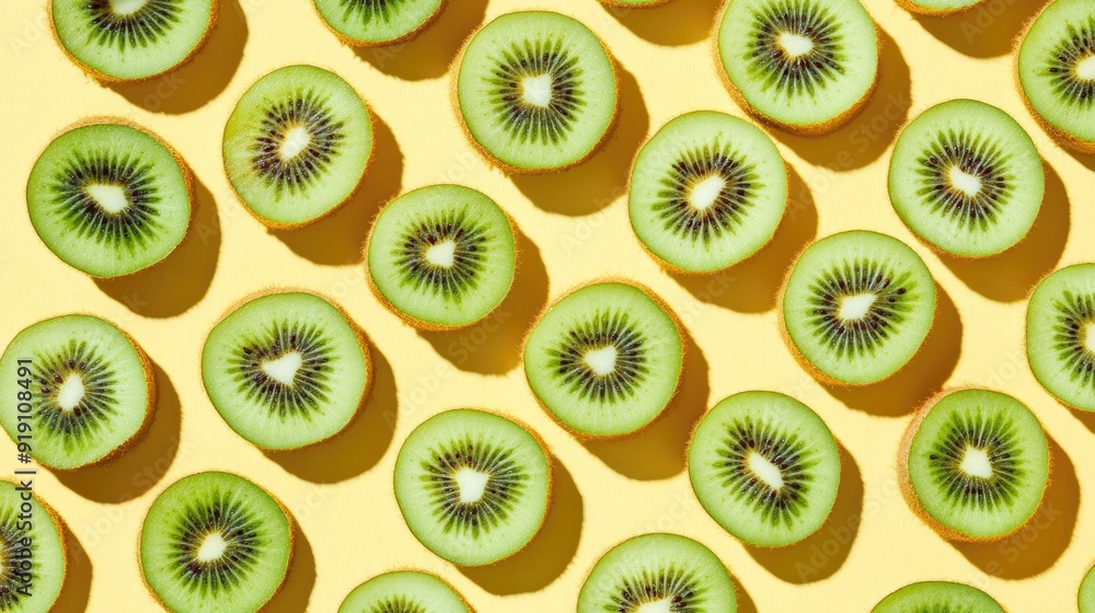Kiwi slices arranged in a uniform pattern on a pastel yellow background, with shadows adding depth to the flat lay. Kiwi slices arranged in a uniform pattern on a pastel yellow background, with shadows adding depth to the flat lay.