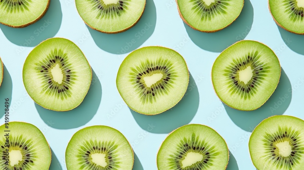 Fototapeta premium Kiwi slices placed in a regular pattern on a pastel blue background, with shadows enhancing the texture and contrast.