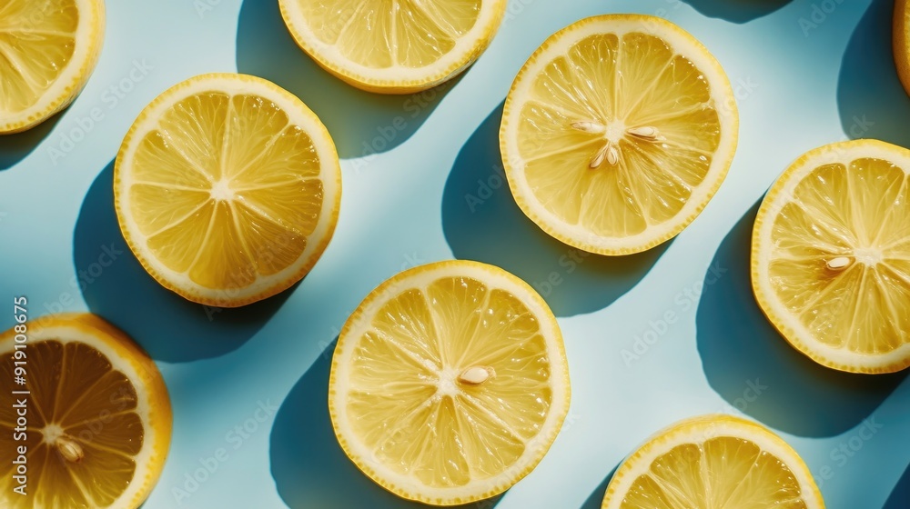 Lemon slices arranged on a soft blue pastel background, bursting with citrus energy. Lemon slices arranged on a soft blue pastel background, bursting with citrus energy.