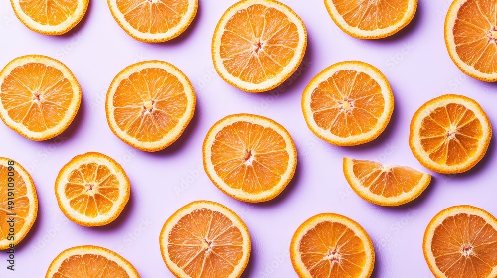 Orange slices scattered on a light purple pastel background, creating a playful fruit pattern. Orange slices scattered on a light purple pastel background, creating a playful fruit pattern.