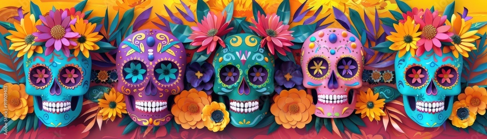 Fototapeta premium Colorful Dia de los Muertos paper craft skulls adorned with floral patterns and surrounded by vibrant paper flowers Day of the Dead. AI