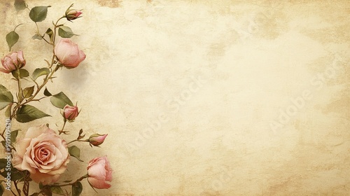 A vintage-style background featuring soft pink roses on a textured beige surface, ideal for invitations or decorative purposes.