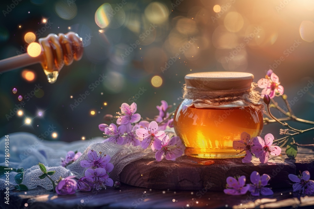 Jar of honey with a wooden dipper and pink blossoms, bathed in gentle evening light, symbolizing spring. ai Jar of honey with a wooden dipper and pink blossoms, bathed in gentle evening light, symbolizing spring. ai