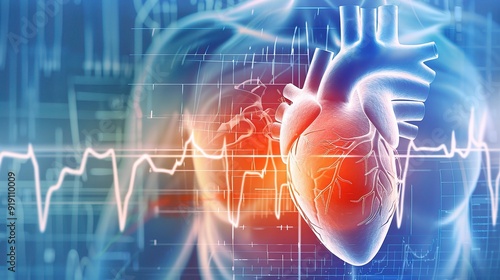 Medical Illustration of Arrhythmia: Complex Heart Rhythm Disorder Depicted with Electrical Impulses and Cardiac Anatomy photo