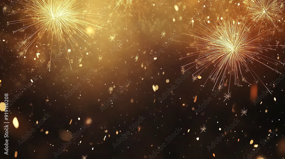 Festive New Year Background with Golden Fireworks and Sparkling Confetti Against a Dark Night Sky Festive New Year Background with Golden Fireworks and Sparkling Confetti Against a Dark Night Sky