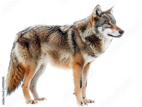 A detailed portrait of a wolf standing against a white backdrop