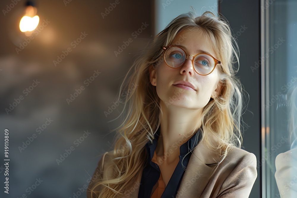 Thoughtful Woman in a Modern Office Setting Thoughtful Woman in a Modern Office Setting