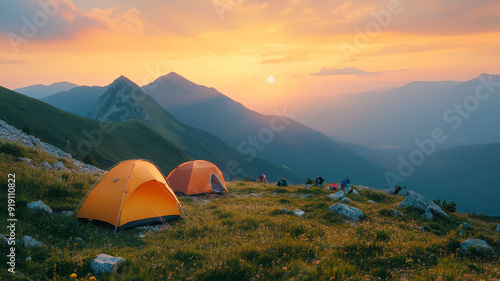 tourist tent camping in mountains