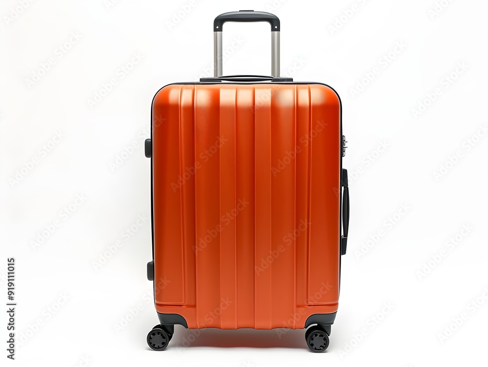 Bright orange suitcase with four wheels, designed for travel, isolated on a white background Bright orange suitcase with four wheels, designed for travel, isolated on a white background