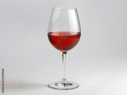 A crystal wine glass filled with red wine on a neutral background