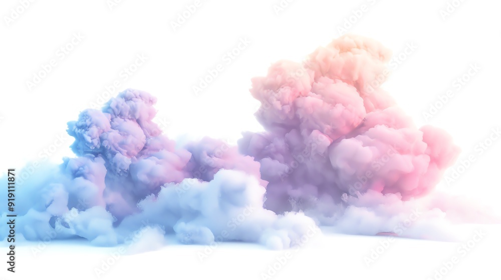 Obraz premium Abstract colorful smoke clouds in pink and blue hues on a white background, creating an artistic and dreamy visual effect.